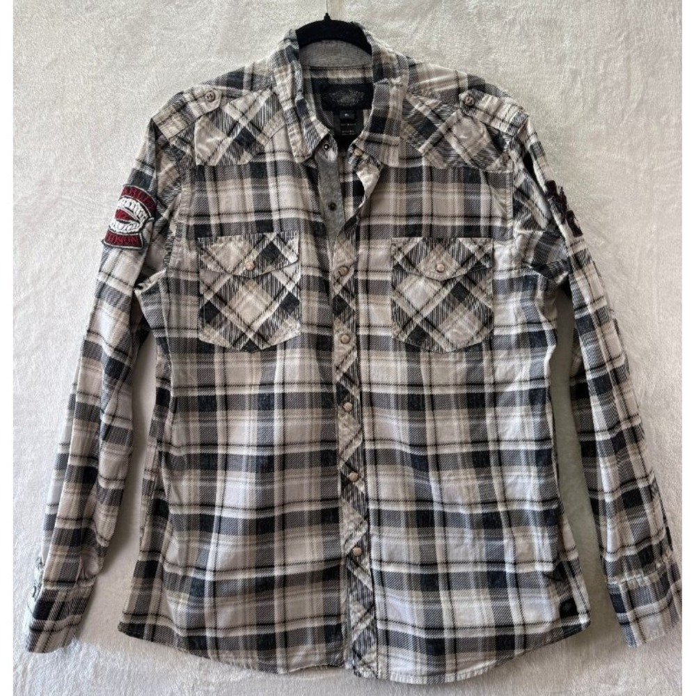 Harley-Davidson Mens XL Flannel Shirt Black Cream Plaid Pearl Snap Patch Biker